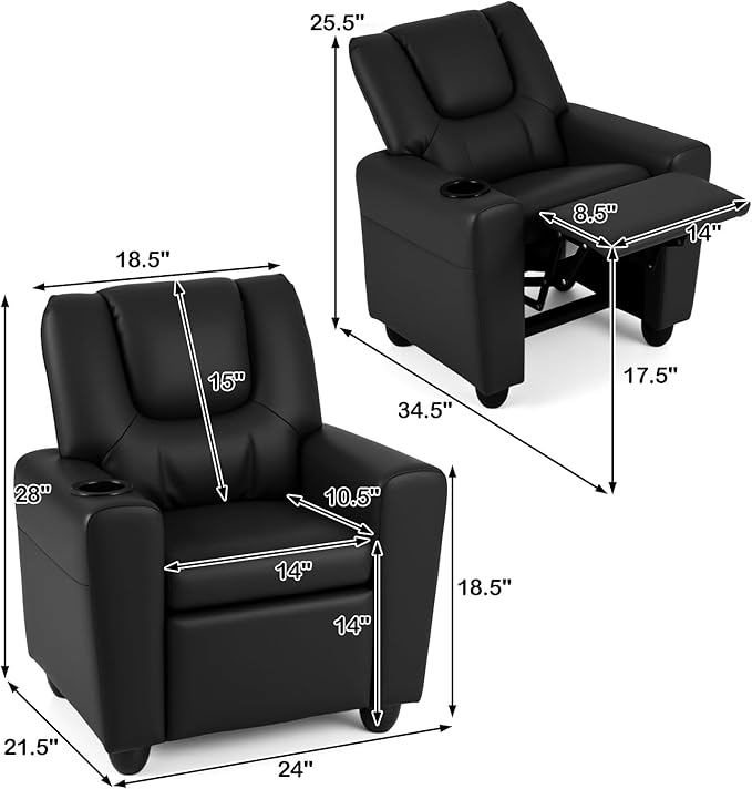 Costzon Kids Recliner Chair with Cup Holder, Toddler Furniture Children Armrest Sofa w/Headrest & Footrest for Girls Boys Baby Bedroom, Kids Room, PU Leather Kids Recliner Couch (Black)