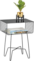 mDesign Steel Side Table Nightstand with Storage Shelf Basket for Bedroom, Living Room, Home Office; Rustic Bedside End Table, Industrial Modern Accent Furniture - Concerto Collection - Black