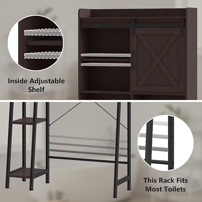 Over The Toilet Storage Cabinet, Farmhouse Storage Cabinet Over Toilet with Sliding Barn Door,Home Space-Saving Toilet Rack, for Bathroom, Restroom, Laundry.(Espresso)