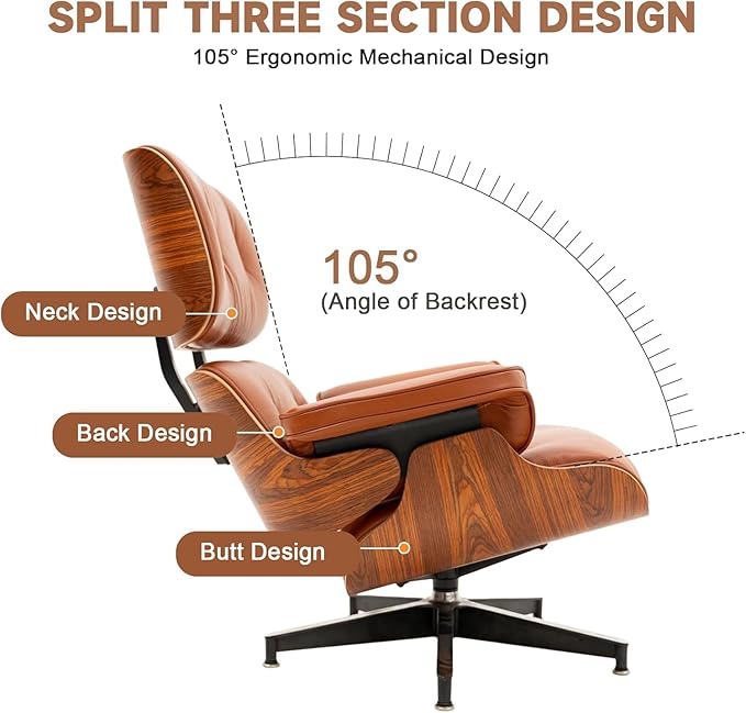 Top Grain Leather, Mid Century Chaise Lounge Chair and Ottoman, Modern Chair Classic Design, Heavy Duty Base Support for Living Room Study Lounge Office, Palisander-Brown, Heightening