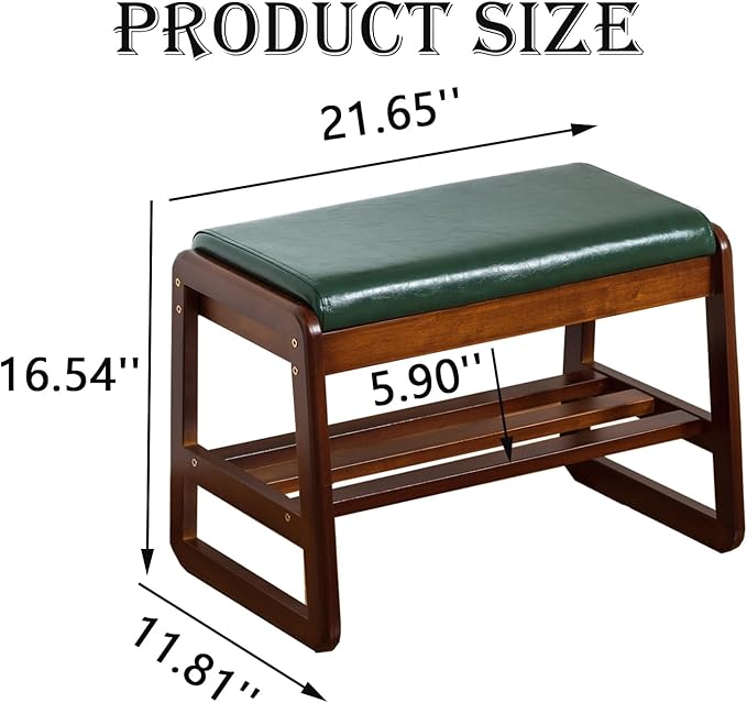 latifolia Solid Wood Bench, Entryway Shoe Bench with Cushion, 2 Tier Shoe Storage Organizer for Hallway, Living Room(Green,21.65''L)