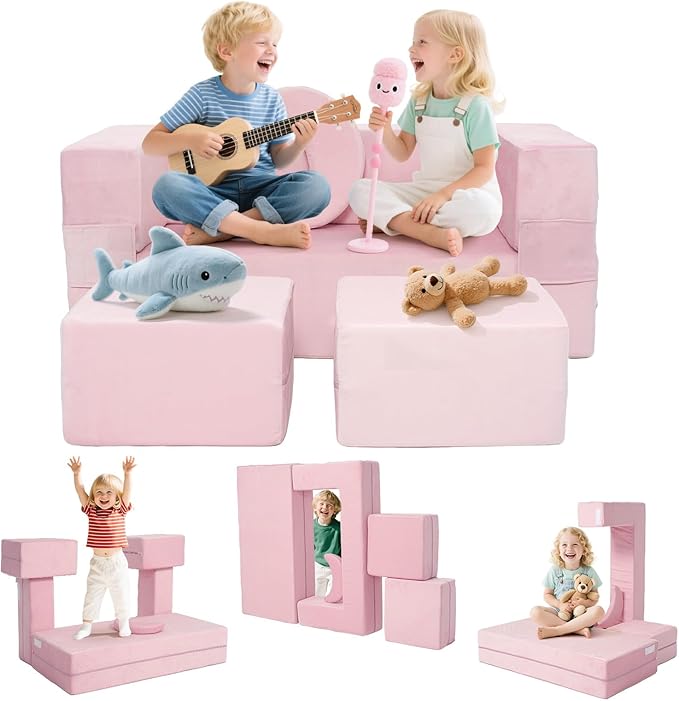 5 Pcs Modular Kids Play Couch, Toddler Couches That Fold Out, Plush Foam Chair for Children’s Playroom, Velvet Fabric Convertible Foam and Floor Cushion for Boys and Girls (Pink,02)