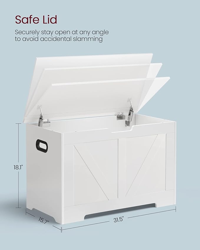 VASAGLE Storage Chest, Storage Trunk with 2 Safety Hinges, Storage Bench, Shoe Bench, Farmhouse Style, 15.7 x 31.5 x 18.1 Inches, for Entryway, Bedroom, Living Room, Cloud White ULSB062T14