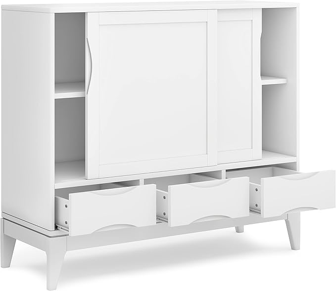 SIMPLIHOME Harper Medium Storage Cabinet - 48 inch Wide Solid Hardwood Sliding Door Cabinet in White, Mid-Century Modern Cupboard for Living Room or Entryway with 3 Drawers and Tapered Legs