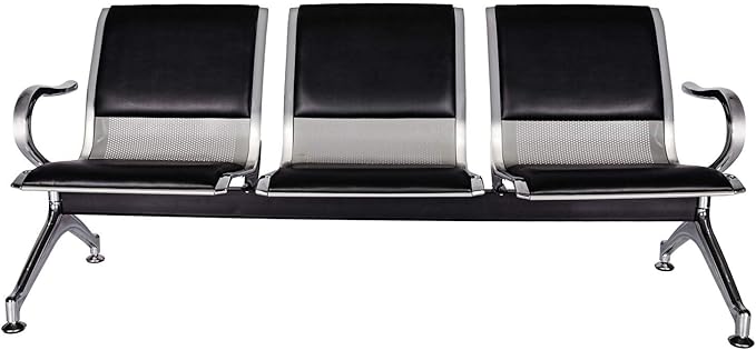 Kinsuite 3-Seat Waiting Room Bench - PU Leather Waiting Room Chairs with Arms & Non-Slip Foot Mats, Reception Chairs Guest Chair for Office Airport Bank Salon, Black