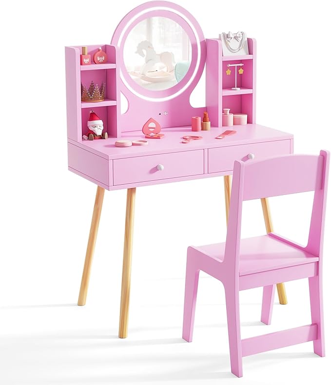 Costzon Kids Vanity, Girls Vanity Set with Mirror and Stool and Lights, Drawers, Storage Shelves, Wooden Toddler Makeup Vanity Desk Dressing Table, Kids Vanity Table and Chair Set (Pink)