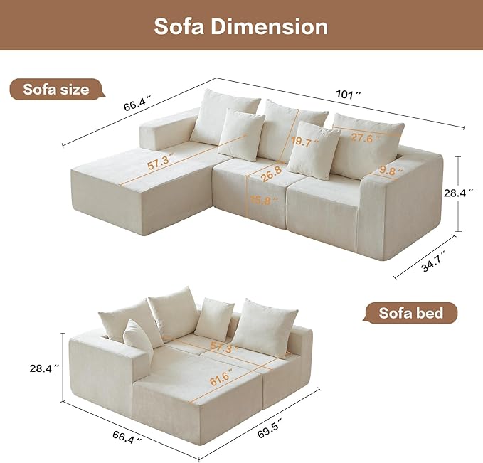 101" Cloud Couch for Bedroom,Boneless Couch with Oversized Chaise,4-Seat Chenille Deep Seat Sofa with 5-Pillows for Living Room,Corduroy Sofa in A Box,Beige