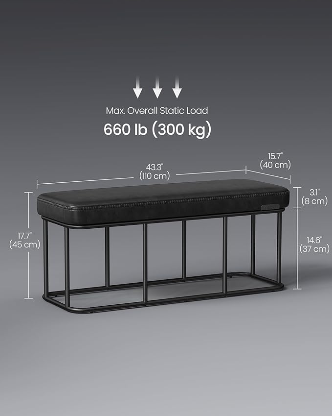 VASAGLE EKHO Collection - Storage Bench for Entryway, Ottoman Bench with Steel Frame, 43.3-Inch Wide, Synthetic Leather, Living Dining Room, Mid-Century Modern, Loads 660 lb, Ink Black ULOM085B01