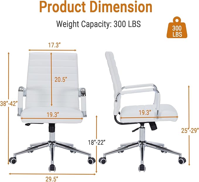 Sidanli Ergonomic Desk Chairs, Executive Swivel Faux Leather Mid Back Chair with Comfortable Lumbar Support and Smooth Rolling Wheels for Office, White