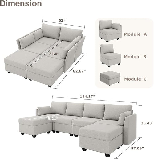 114.17" Modular Sectional Sofa, 6 Seat Sectional Couches with Storage, Memory Foam, Convertible Modular Couch for Living Room, U Shaped Comfy Modular Sofa with Chaise, Light Grey
