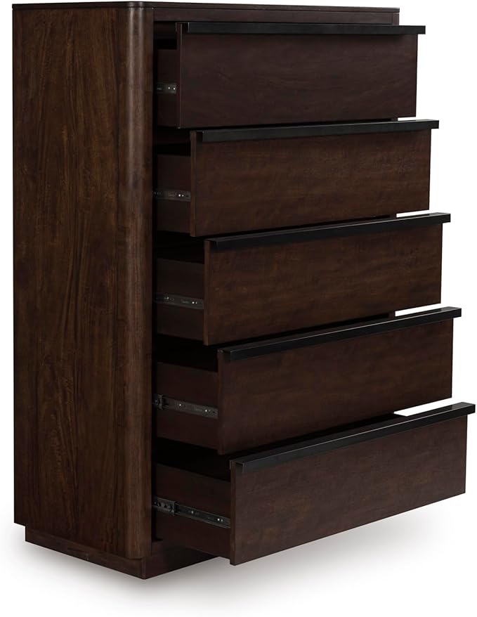 Signature Design by Ashley Kendamor Contemporary 5-Drawer Chest with Felt-Lined Top Drawer and Easy Glide for Bedroom, Dark Brown
