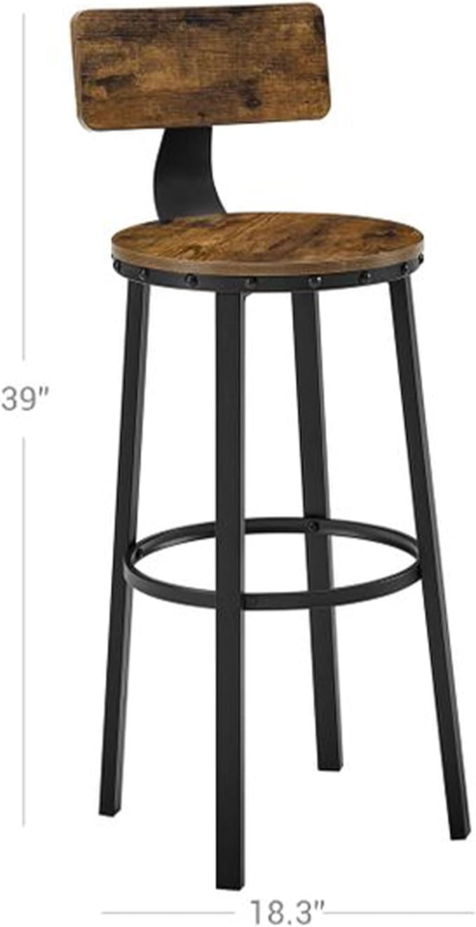 VASAGLE Bar Stools Set of 2, Bar Height Stools, 28.9 Inches Counter Barstools Chairs with Back for Dining Kitchen Island, Steel Frame, Industrial Style, Easy Assembly, Rustic Brown and Ink Black