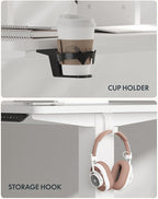 FLEXISPOT 63 x 32 Inch Large Standing Desk, Stand Up Desk with Splice Board, Rising Desks for Home Office, Office Desk with Cup Holder and Headphone Hook (White Frame + White Top, 2 Packages)