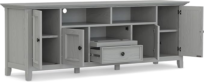 SIMPLIHOME Amherst 72-inch Wide Solid Wood TV Stand in Fog Grey, Transitional-Style Media Console for Living Room with Cable Management and Adjustable Shelves, Fits 80" TVs