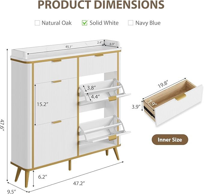 Fluted Shoe Cabinet Storage, Freestanding Hidden Shoe Organizer with 4 Flip Drawers & 2 Drawers, Wood Narrow Shoe Rack Cabinet with Adjustable Shelves for Entryway, Foyer, Hallway, White