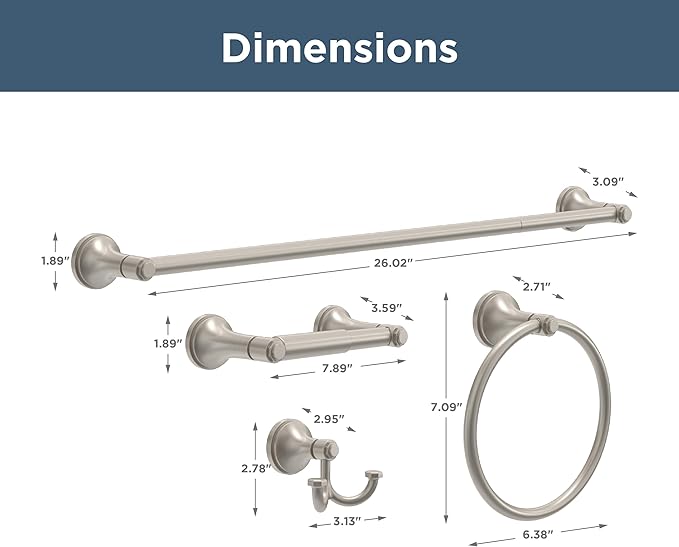 Franklin Brass Woodruff 4-Piece Bathroom Set Satin Nickel 18" + 6" Towel Rack, Toilet Paper Holder, Hand Towel Holder, Hook | 4-Piece Bath Hardware Accessories Set WDRF64-SN