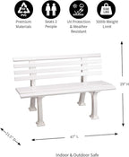 Plow & Hearth Weatherproof German PVC Outdoor Bench | Holds Up to 500 lbs | Garden Patio Porch Park Deck | Steel and Resin | White