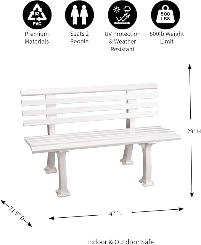 Plow & Hearth Weatherproof German PVC Outdoor Bench | Holds Up to 500 lbs | Garden Patio Porch Park Deck | Steel and Resin | White