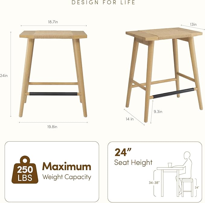 Thor Wicker Premium Solid Wood Counter Stool 24", Backless Counter Height Seating with Hand-Knitted Rope, Eco-Friendly Modern Design (Light Oak)