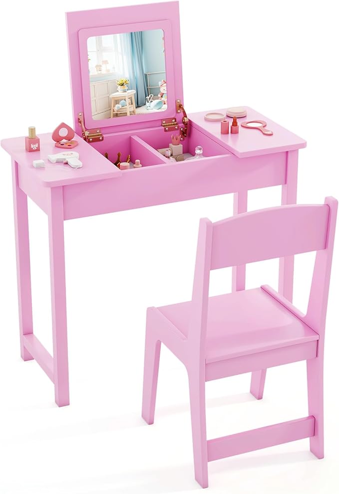 HONEY JOY Kids Vanity, Wooden Girls Vanity Desk with Flip Top Mirror, Hidden Storage Space, Toddler Makeup Vanity Dressing Table, Pretend Play Kids Vanity Table and Chair Set (Pink)