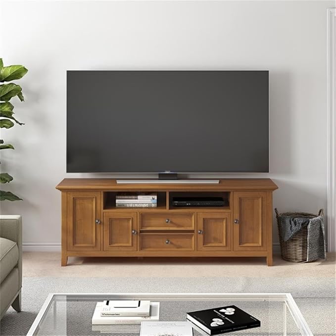 SIMPLIHOME Amherst 72-inch Wide Solid Wood TV Stand in Light Golden Brown, Transitional-Style Media Console for Living Room with Cable Management and Adjustable Shelves, Fits 80" TVs