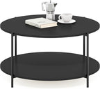 Furinno BESI Coffee Table, 2-Tier Round Modern Coffee Table with Metal Legs, Metal Frame Side Table with Open Shelf, for Living Room, Bedroom, Home Office, Americano