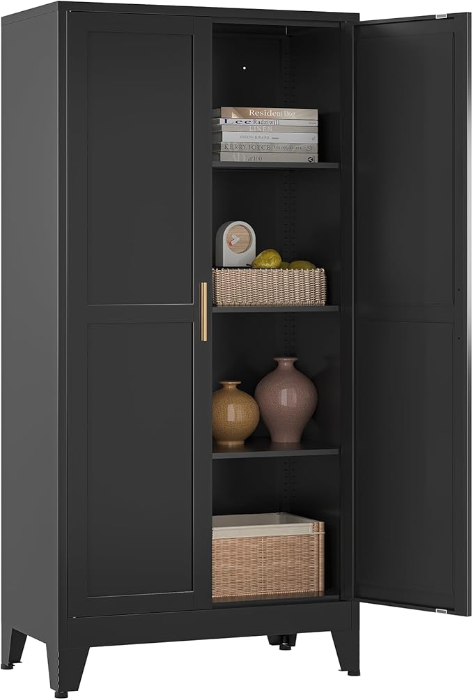 Bathroom Storage Cabinet Freestanding, 61" Tall Metal Cabinets with Doors and Shelves, Black Kitchen Pantry Cabinet, Utility Metal Locker Storage Cabinet for Garage, Home Office