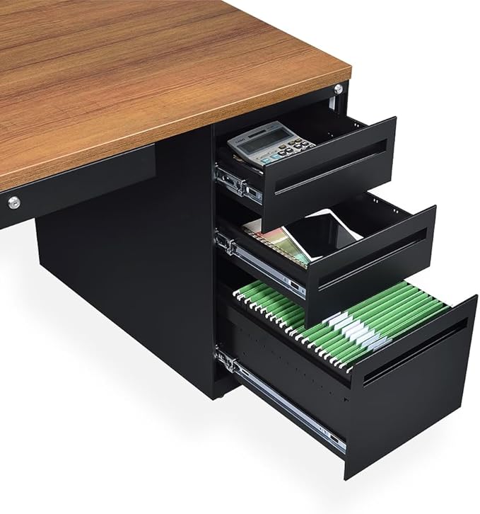 NBF Carbon L Shaped Executive Office Desk with Hutch - Durable Laminate Computer Desk with 3 Drawers - Modern Desk with Storage and File Cabinet - Work Desk with Right Return (72" W x 96" D, Oak)