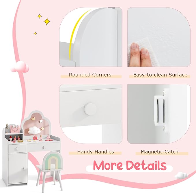 Costzon Kids Vanity, 2 in 1 Girls Vanity Set with Mirror, Drawers, Storage Shelf & Cabinet, Makeup Vanity Desk Dressing Table, Kids Vanity Table and Chair Set for Little Girls (White)
