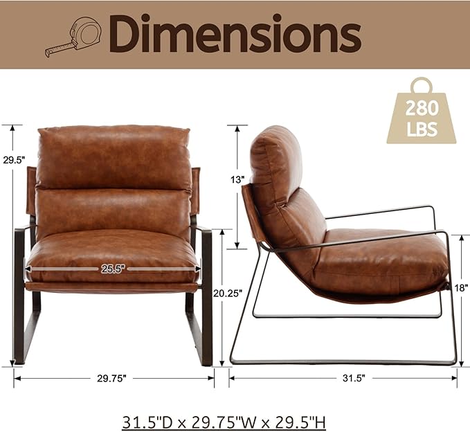 LukeAlon Modern PU Leather Accent Armchairs Set of 2, Upholstered Lounge Chair with Brass Metal Frame Thickened Cushion Single Sofa Chair Leisure Chair with Lychee Grain for Bedroom Living Room, Brown