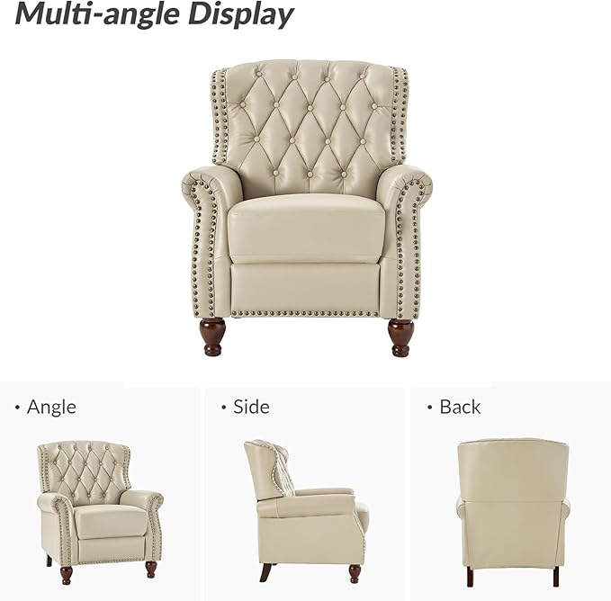 HULALA HOME Genuine Leather Recliner Chair Set of 2 w/Solid Wood Feet, Modern Adjustable Tufted Push Back Arm Chair w/Rivet Decoration, Home Theater Seating Reclining Sofa for Living Room, Beige