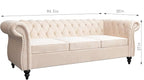 Chesterfield 3 Seater Sofa, Modern Velvet Tufted Couch 3 Seater with Rolled Arms and Nailhead Mid-Century Upholstered Couch for Living Room, Bedroom, Apartment and Office, Beige