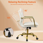 CLATINA Leather Home Office Desk Chair, Swivel Mid-Back Computer Chair with Golden Legs and Arms, Comfy Upholstered Task Chair with Wheels, White