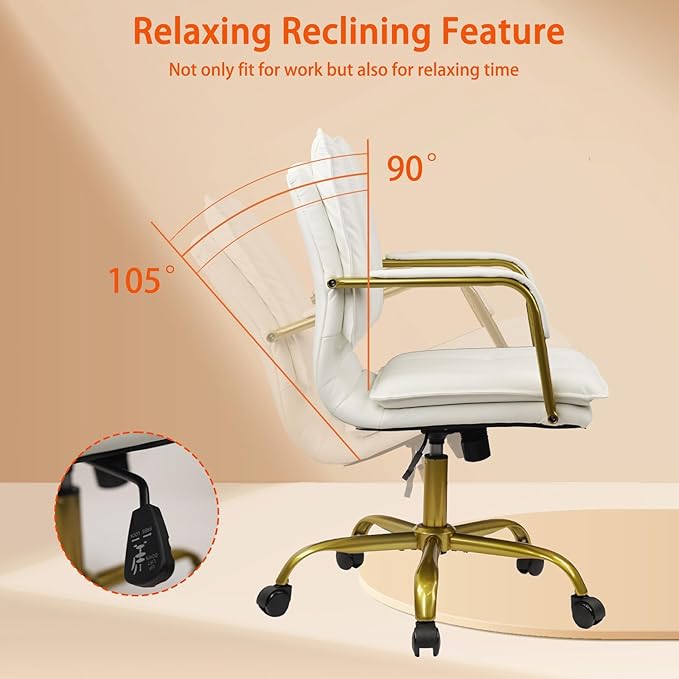 CLATINA Leather Home Office Desk Chair, Swivel Mid-Back Computer Chair with Golden Legs and Arms, Comfy Upholstered Task Chair with Wheels, White