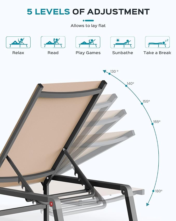 Patio Chaise Lounge Chair Set of 4, Foldable Lounge Chair for Outside, Aluminum Chairs with 5 Adjustable Backrest, Outdoor Pool Lounger for Poolside, Lawn, Deck, Khaki