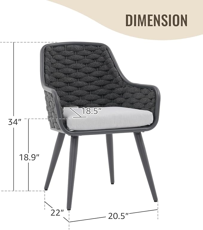 SUNSITT Outdoor Dining Chairs Set of 4, Metal Outdoor Patio Dining Chairs with Weather-Resistant Cushions, Woven Rope Chairs Outdoor with Armrest Dark Grey Outdoor Furniture for Backyard
