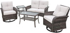 COOS BAY Vintage Courtyard Patio Furniture Set, Wicker Outdoor Furniture, Patio Conversation Sets, 2 Swivel Rockers, Loveseat, Coffee Table and Side Table, 5 Pieces, Gray/Beige