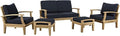 Modway Marina Premium Grade A Teak Wood 5-Piece Outdoor Patio Furniture Set in Natural Navy