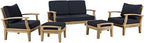 Modway Marina Premium Grade A Teak Wood 5-Piece Outdoor Patio Furniture Set in Natural Navy