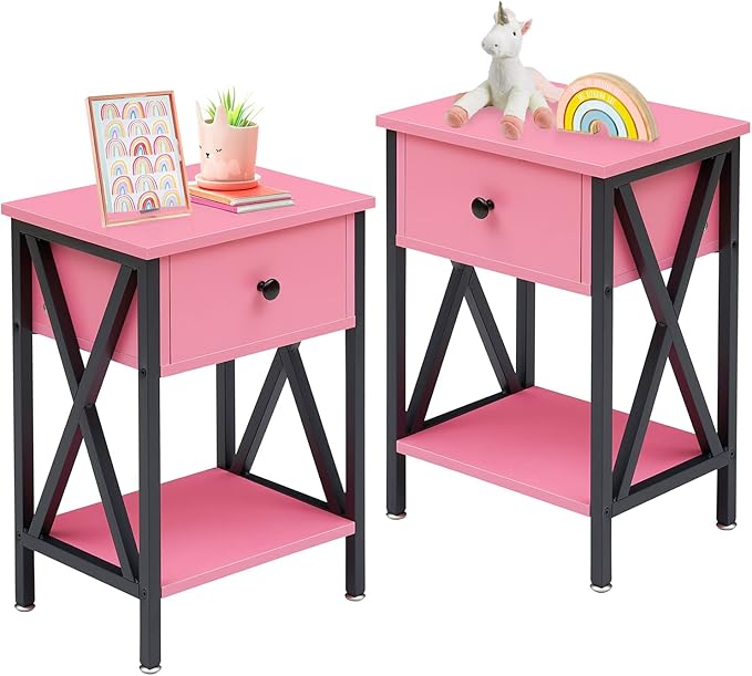 VECELO End Tables, Modern Nightstand with Drawer & Shelf, Night Stand for Bedroom Living Room,Industrial Metal Frame