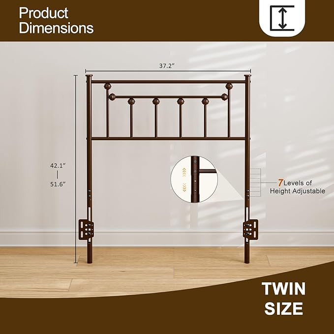 Metal Twin Size Headboard, Victorian Farmhouse Style Twin/Twin XL Headboard, Easy Assembly, Steel Headboard Only for Bedroom - Brown