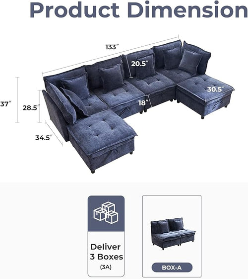 133'' Modular Sectional Sofa, Oversized U Shaped Couch with Storage Ottoman, Comfy Chenille Sofa with Deep Seat, 6 Seat Convertible Couches for Living Room, Blue