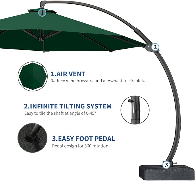 7 Piece Patio Dining Set with 11ft Patio Umbrella (Dark Green), 7 Gray Outdoor HDPE Dining Set with 6 Chairs + 1 Large Table, for Market, Pool, Garden, Backyard, Deck