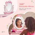 KOTEK Pink Kids Vanity Set, 2-in-1 Makeup Vanity Desk with Detachable Top & 360° Rotating Mirror, Stool and Drawer, Bow Pattern for Little Girls, Princess Dressing Table for Toddler 3-7
