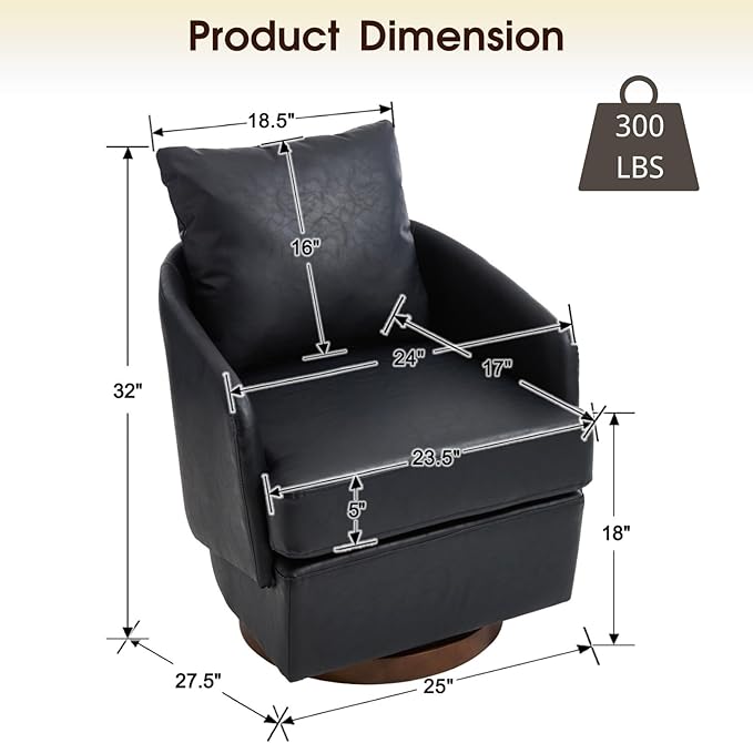 CIMOTA PU Leather Swivel Accent Chair, Modern Barrel Armchair with 360° Swivel Base and Pillow, Upholstered Club Chair for Living Room/Reading/Office, Black