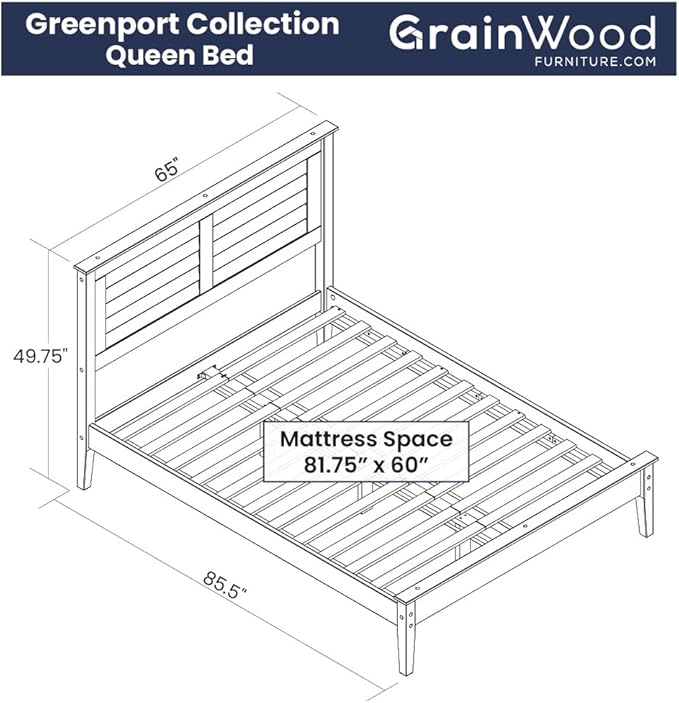 Grain Wood Furniture Greenport Solid Wood Platform Bed, Queen Size, Brushed Walnut
