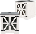 White Farmhouse End Table Set of 2, 24" Wood Sofa Side Table with Charging Station, Nightstand with Mesh Barn Door for Living Room, Square