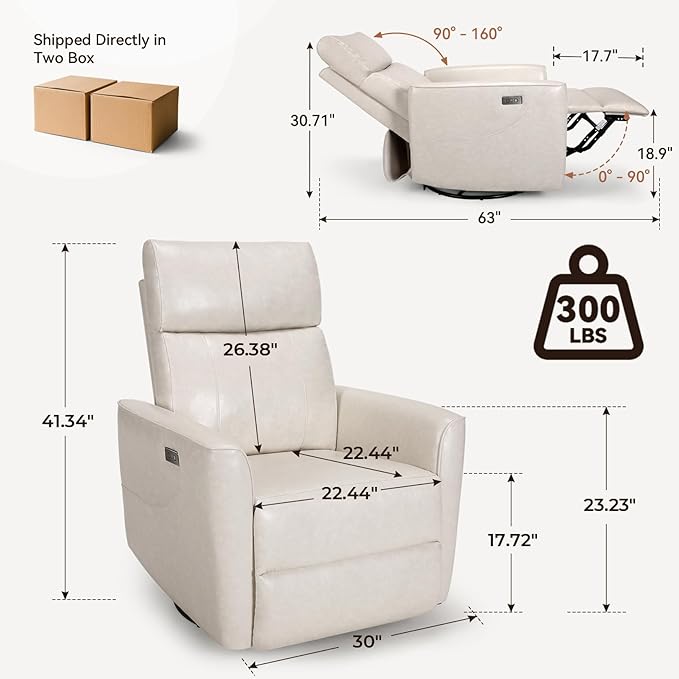 Himimi Power Massage Recliner Chair, Oversized Swivel Rocker Chair with Vibration Massage and Heat, Glider Recliner for Adults, USB Charging, Side Pocket, Nursery, Living Room, Bedroom (Ivory)