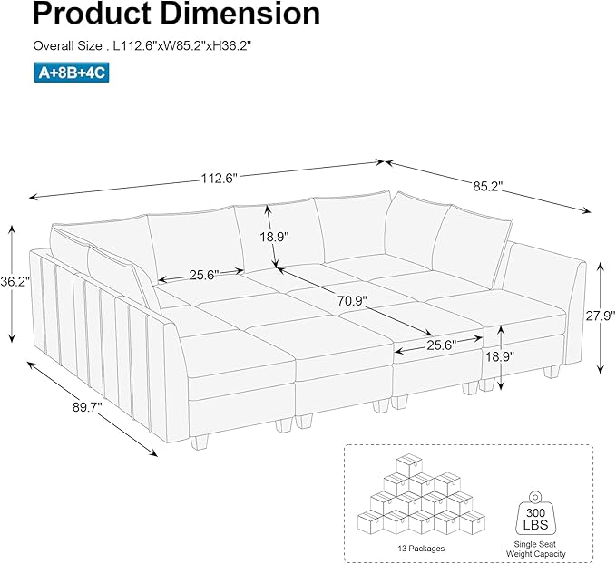 Belffin Oversized Modular Sectional Sofa Sleeper Sectional Couch with Storage Chenille Sofa Bed for Living Room, 12 Seats, Beige