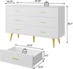 White Dresser for Bedroom with Gold Handles, 6 Drawer Wood Dresser Modern Chest of Organizer Storage Drawers for Hallway, Living Room, TV Stand